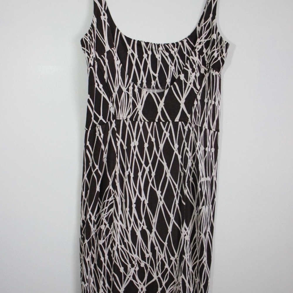 DVF 100% Silk Slip Dress – Brown & White Abstract Print Midi